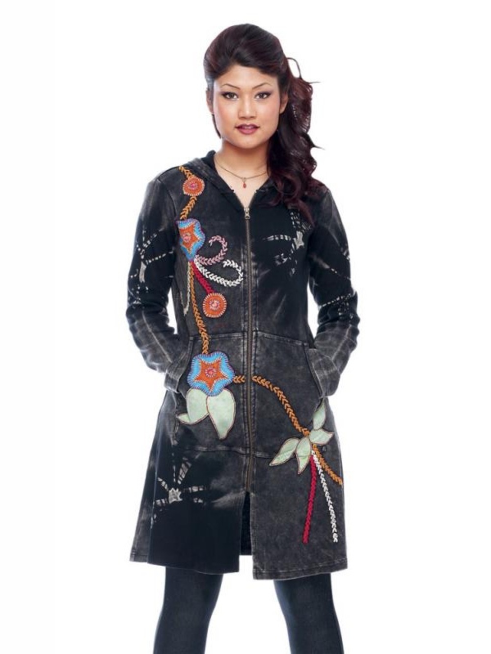 Rising International Hoodie Black Embroidered Mineral Wash Hippie Boho Jacket, S